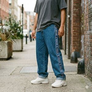 Vintage Paco Jeans 90s Side Logo Tape Baggy Denim Pants 30 Y2K Streetwear Rave